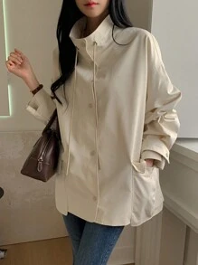 DAZY 女式纯色落肩长袖单排扣宽松休闲常规夹克，秋季