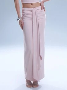 MUSERA 低腰褶皱垂褶半身裙，优雅夏季 - 淺粉色 - 查看 1