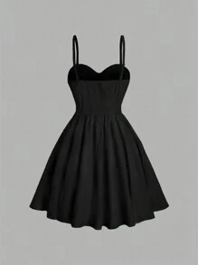 Sweetra Women's Solid Color Spaghetti Strap Simple Casual Dress, For Daily Wear Mini Short Women Outfit - Black - View 2