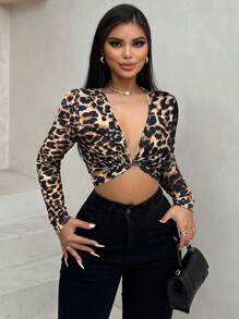 SHEIN Foxxy Women Leopard Print Long Sleeve Casual Cropped Top, Everyday Wear - Brown - View 5