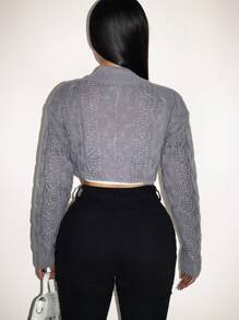 Zolique Casual Solid Color Stand Collar Cropped Cable Knit Sweater, Autumn/Winter Knit Pullover Fall Outfit