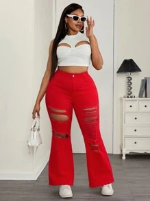 SHEIN ICON 大码女式破洞休闲牛仔裤，简约时尚，适合日常穿着 - 紅色 - 查看 3