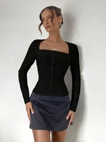 Roylia Niche Design Slim Fit Long Sleeve Square Collar Blouse
