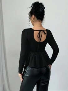 Chiquease تيشيرت كاجوال فضفاض بأكمام طويلة وياقة على شكل حرف U للنساء، ألوان سادة، خريفي - الأسود - مشاهدة 2