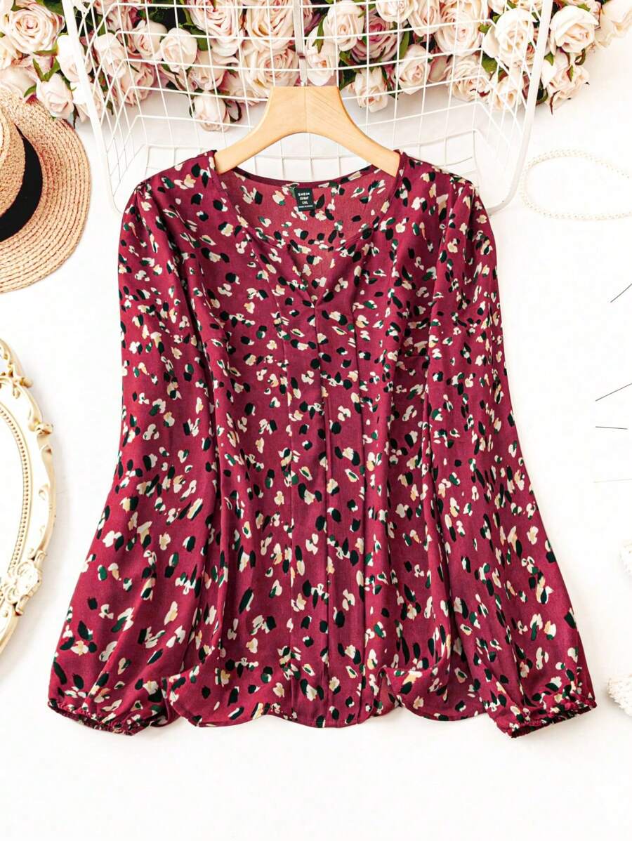 SHEIN CURVE+ Plus-size dames V-hals lange mouwen allover print minimalistische blouse, casual dagelijkse kleding