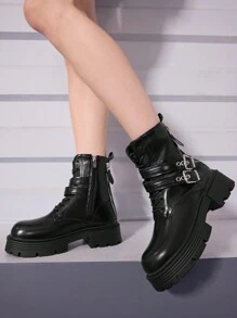 Sugerpunk Women's Buckle Strap Dark Punk Round Toe Flat Heel Punk Black PU Ankle Boots, Everyday Punk Style