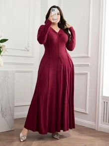 Modelyn Plus Size Solid Color V-Neck Long Sleeve Casual Long Dress - Red - View 1