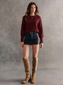 Áo len dài tay cổ tròn tay raglan màu trơn thường ngày cho nữ, mùa thu/đông - Màu Đỏ Sâu - Xem 5