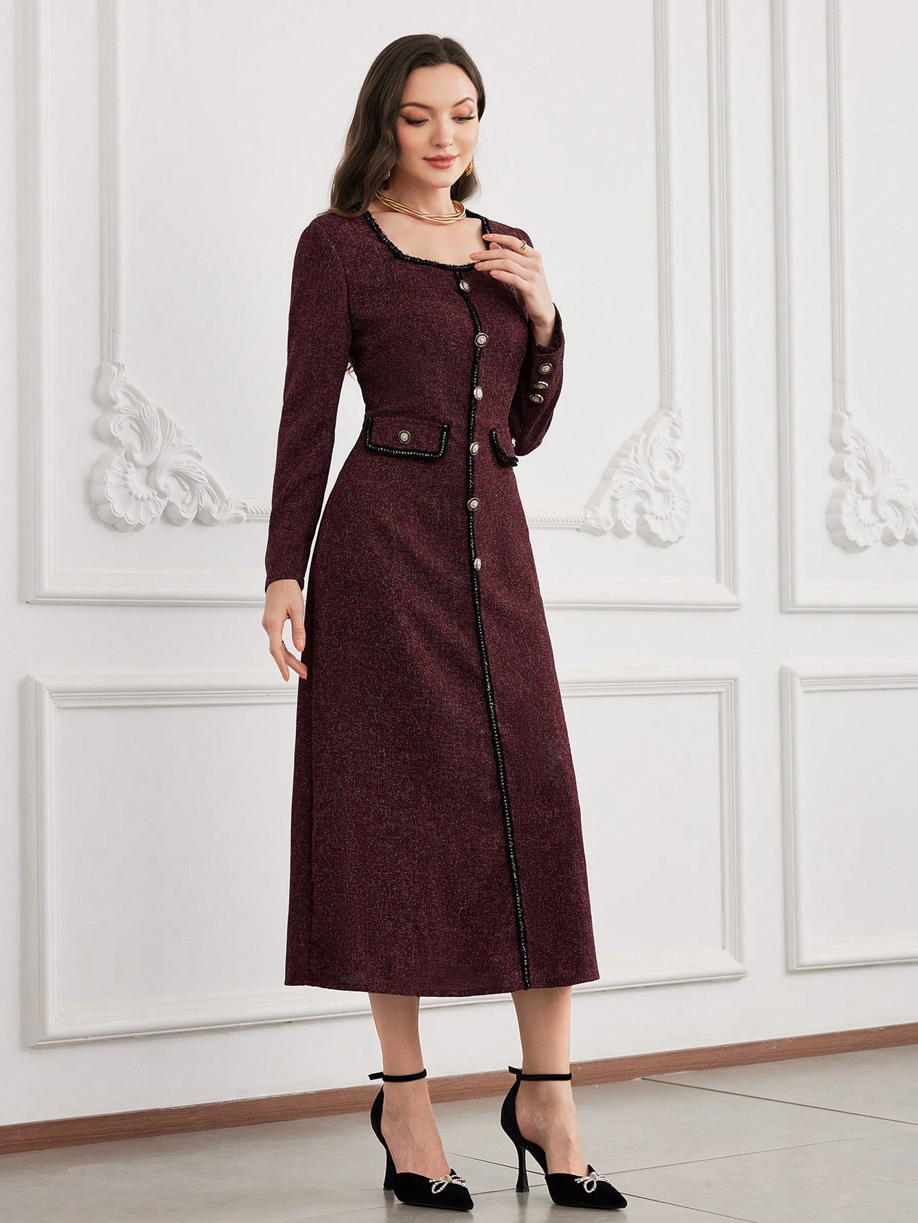 Modelyn فستان أنيق مزين بشريط محبوك، فستان نسائي ط...