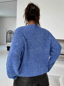 INAWLY Suéter casual de cuello redondo de unicolor de manga larga, para invierno, tejido, tipo jersey de otoño, talla grande - Azul - Ver 2
