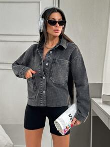 EURMUSE CASUAL BIG POCKET FRAYED HEM DENIM JACKET - Grey - View 4