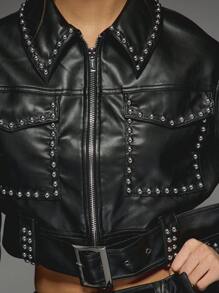 MISSGUIDED Veste moto courte cloutée, style de rue western, mode automne/hiver, punk rock, ceinture à double boucle