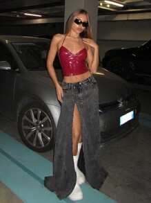 EgrlEra 女士性感PU皮革吊带上衣，配金属扣，Y2K风格，适合圣诞节假日派对 - 酒紅色 - 查看 2