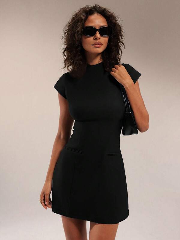Forever 21 Women's Mock Neck Cap Sleeve Black Business/Commute Mini Dress