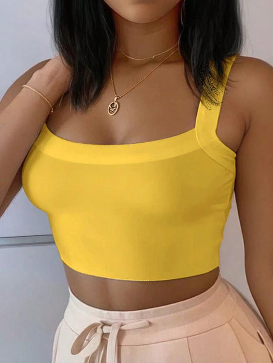 Slaydiva Tank Top Wanita Model Camisole Ketat Warna Polos Kasual Serbaguna, Cocok untuk Musim Panas - Kuning - View 1