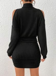 INAWLY Women Solid Color High Collar Off Shoulder Long Sleeve Ruffle Mini Dress For Fall - Black - View 6