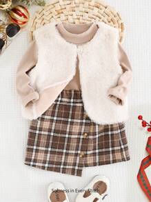 Cozy Pixies 3pcs/Set Baby Girl Solid Color Knitted Soft Mock Neck Sweater, Plaid Skirt And Sleeveless Furry Vest, Warm And Versatile For Winter, Suitable For Casual, Indoor, Holiday, Christmas, New Year Occasions - Multicolor - View 8
