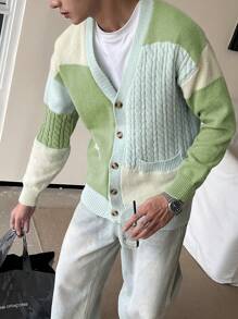 Claim Dot Men's Solid Color Splicing Front Button Long Sleeve Pocket Casual Shirt, Everyday Wear - Olive Green - View 5