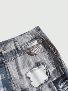 ROMWE MEN Street Life 男式口袋装饰休闲喇叭分层牛仔裤 - 藍色 - 查看 4