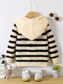 Young Boy Snap Front Long Sleeve Striped Simple Hooded Sweatshirt