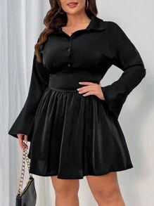 Celure Plus Size Elegant Solid Color Flared Sleeves Waist A-Line Dress