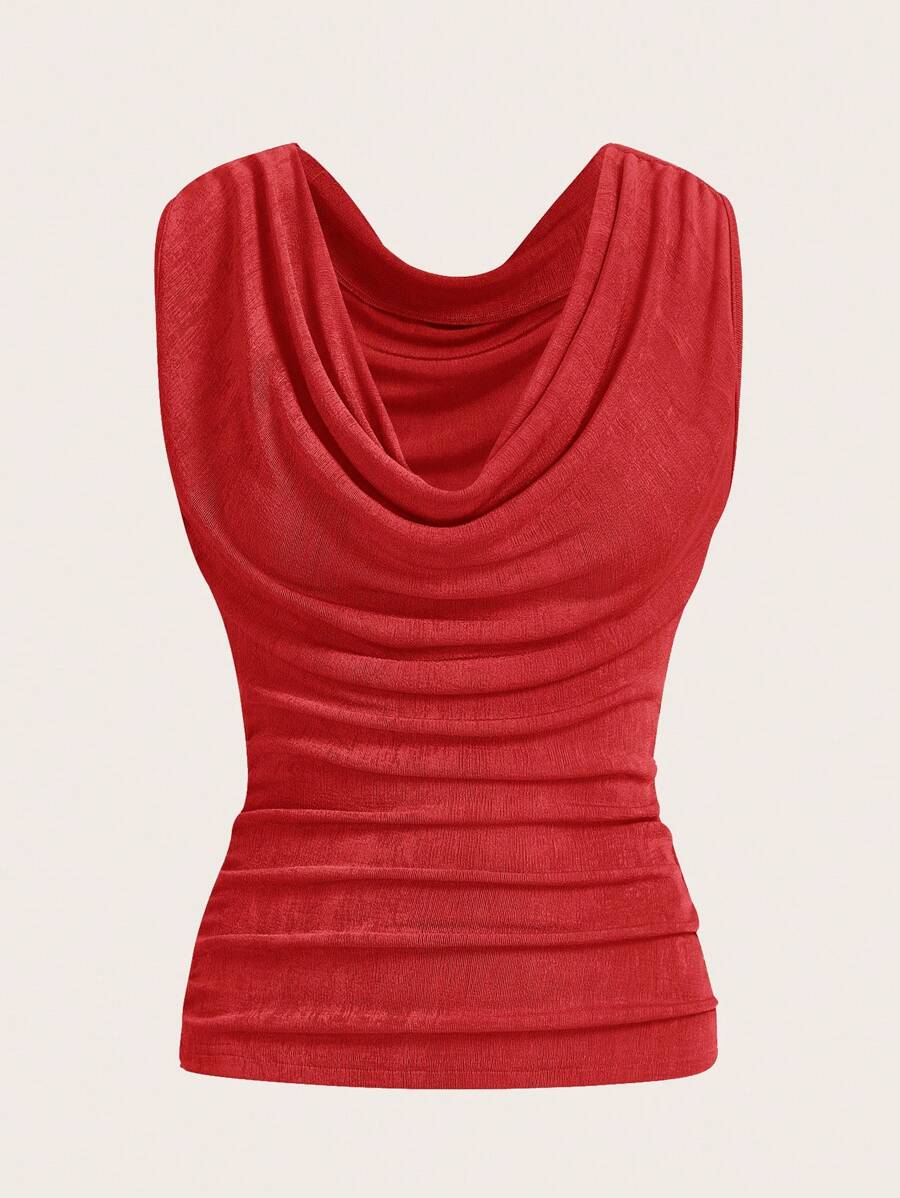 SHEIN ICON Women's Summer Fashion Solid Color Frill Neck Pleated Slim Fit Camisole - Red - View 1