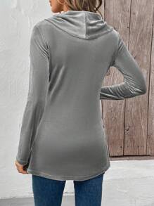 SHEIN LUNE Camisa de cuello alto para mujer para otoño/invierno, de hombro recto y manga larga, con panel delantero en patchwork, bajo asimétrico, detalles de botones a los lados, uso casual de todos los días