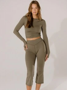 Aralina Leisurewear Olive Green Longsleeve Ruched And Kick Flare Dance Edge Set - Khaki - View 9