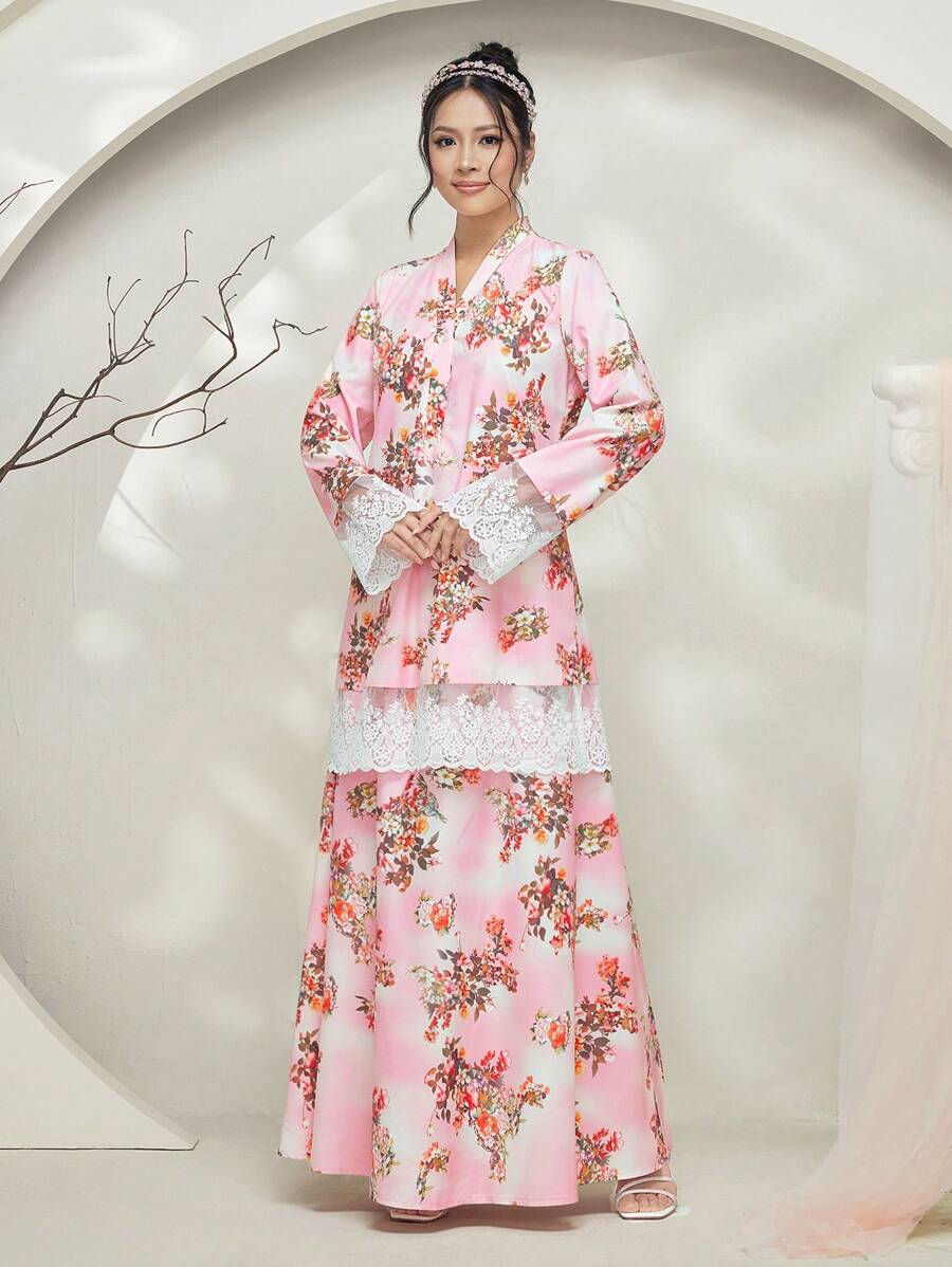 Graceveil Baju Kurung Lace Patchwork Long Sleeve Casual Long Cheongsam Modest