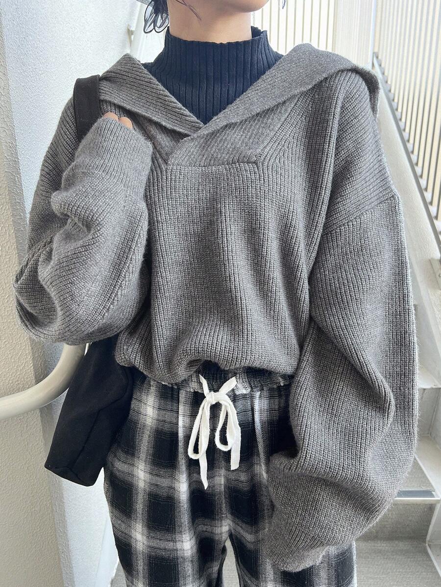 FRIFUL 女士纯色长袖简约连帽毛衣，休闲日常穿着，秋季服装 - 灰色 - 查看 1