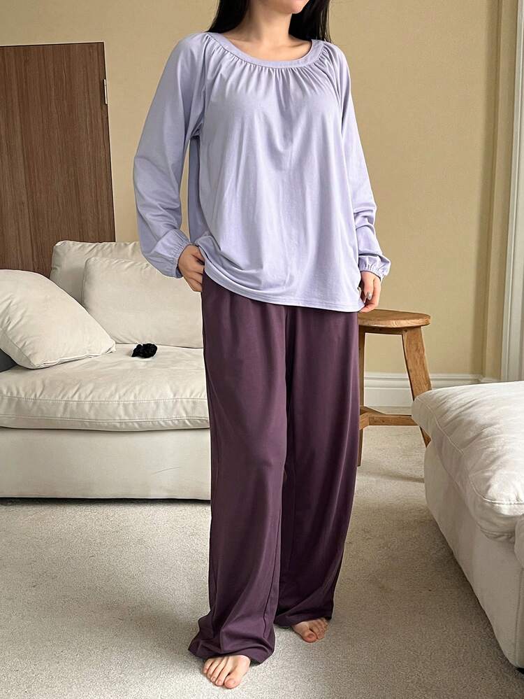 Women Pleated Design Lantern Sleeve Top And Pants Loose Pajama Set