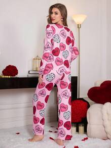 Digitaltryckt pyjamasset med hjärtmönster, 140 g, 100 % mjölksiden, för damer, med enkelriktat tryck och positioneringsskärning, för alla hjärtans dag, höst- och vinterkläder - Multifärgad - Visa 2