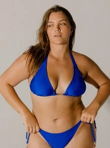 Aralina Plus Size Curve Vibrant Blue Solid Front Gold Trim Detail Halter Neck Triangle Bikini Set With Swim Bag Summer - Blue - View 11