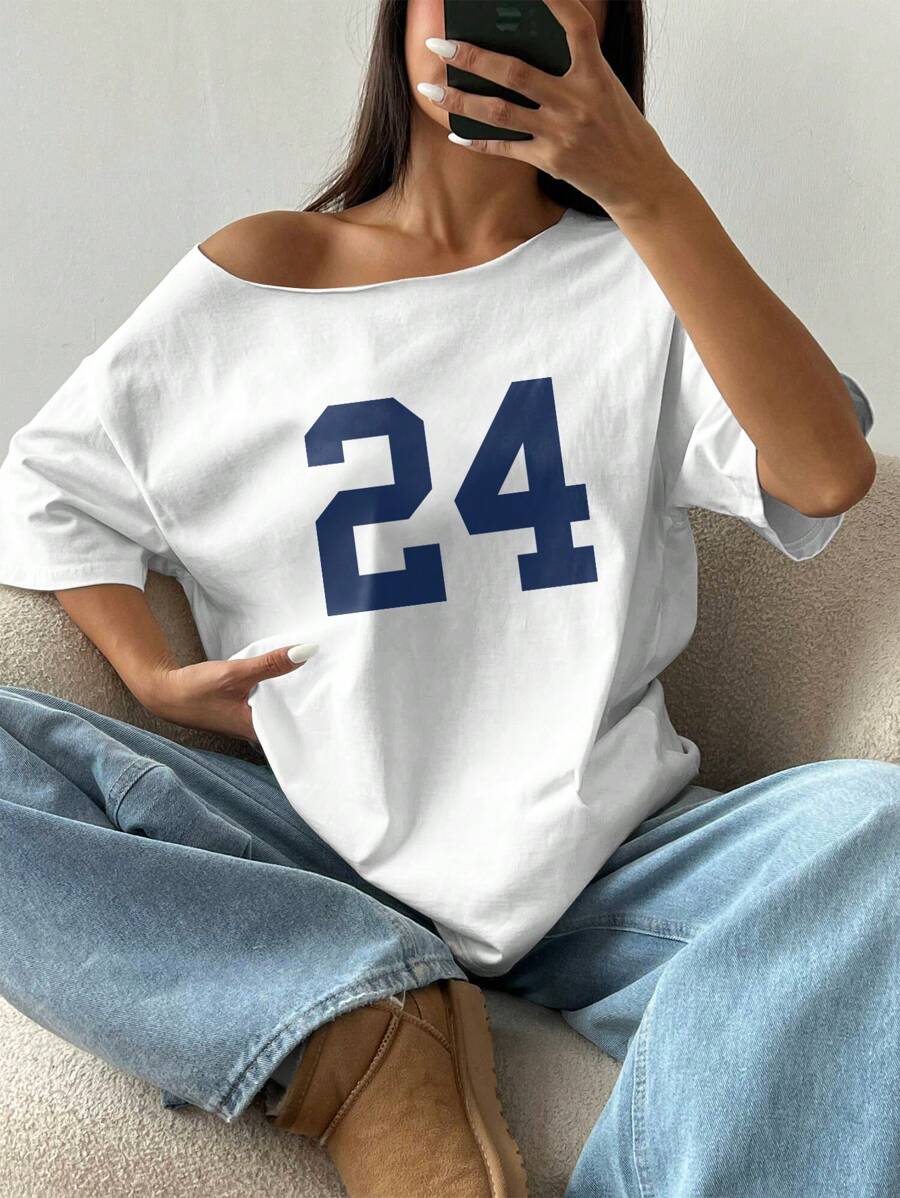 Flirla 1pc Loose Off Shoulder Oversized T-Shirt With Number 24 Print Graphic Tees Women Tops - White - View 1