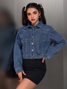 SHEIN EZwear Autumn Casual Water-Washed Cropped Denim Jacket - Dark Wash - View 7