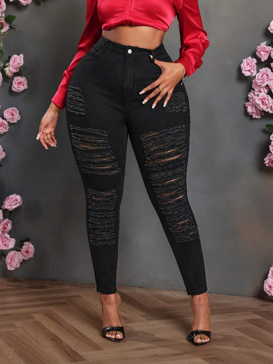 Slaydiva Plus Size Black Stretch Skinny Ripped Jeans - Black - View 1