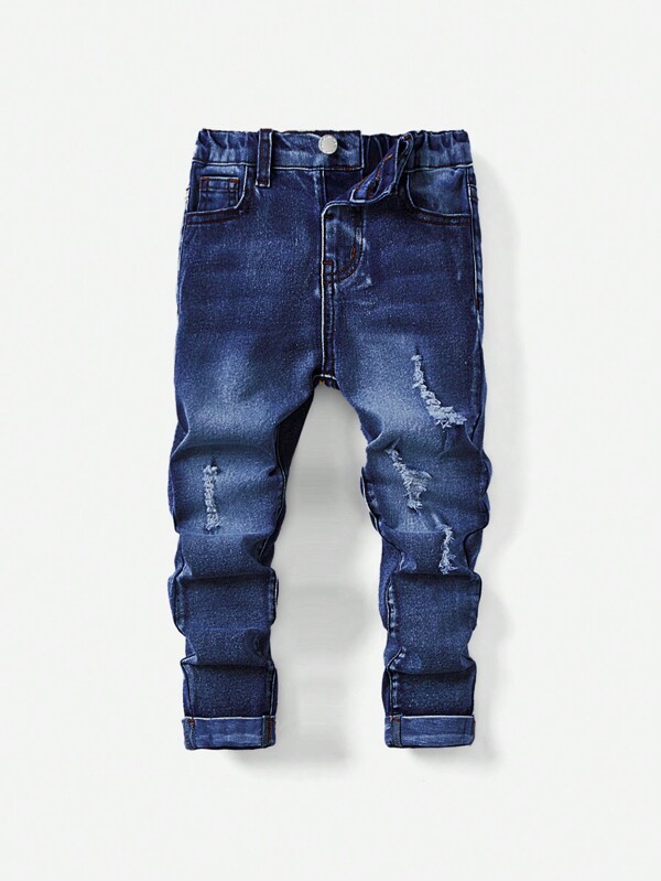 SHEIN Young Boys Casual Medium Waist Asymmetrical Ripped Jeans