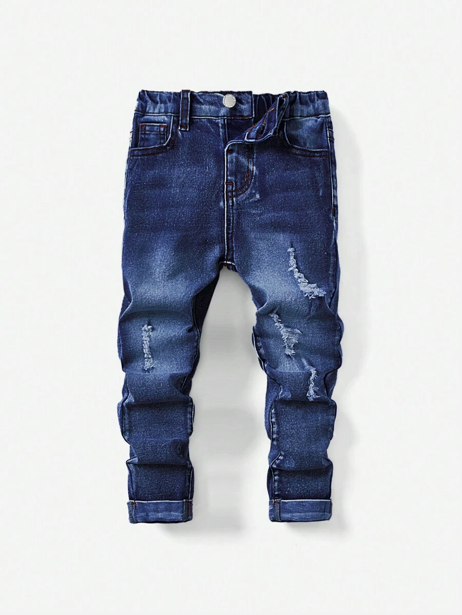 SHEIN 年轻男孩休闲中腰不对称破洞牛仔裤 - 深色水洗藍 - 查看 1