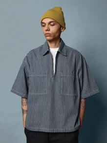 SUMWON Boxy Fit Denim Stripe Half Zip Short Sleeve Shirt - Blue - View 2