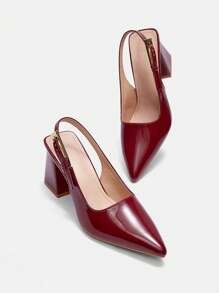 CUCCOO BIZCHIC Women's Fashion Wine Red Strap Side Buckle Pointed Toe Pu Leather Thick Heel Commuter Party Casual Shoes Valentine's Day For Christmas - Burgundy - View 9