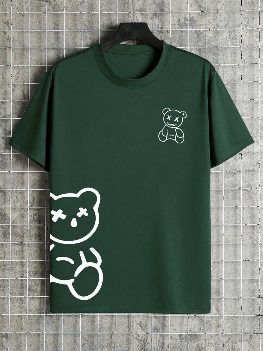 Manfinity Dauomo Men's Cartoon Printed Round Neck Short Sleeve T-shirt - Dark Green - View 1