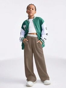 SHEIN Tween Girls' Casual Drawstring Simple Gray Jogger Pants For Daily Wear - Brown - View 5