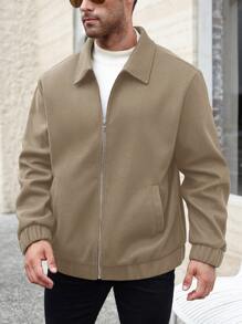 Manfinity Homme Plus Size Men Solid Zipper Casual Jacket, Minimalist Everyday Style - Khaki - View 6