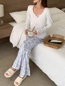 DAZY Cute Floral Lace Bow Trim Top & Loose Fit Allover Cat Print Straight Pants Sleepwear Pajama Set, Fall Winter Clothes - White - View 6