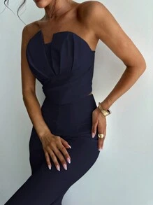 Firerie 女士优雅不对称紧身抹胸上衣和高腰仿骨直筒裤 - 藏蓝色 - 查看 6