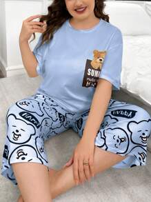 大码女式字母和熊印花短袖 T 恤和短裤家居服睡衣套装 - 藍色 - 查看 5