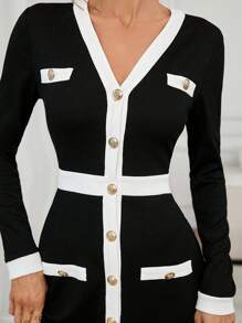 SHEIN Clasi 女士优雅黑白撞色饰边口袋休闲长裙，通勤和约会皆宜