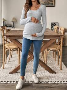 SHEIN Camiseta informal de punto de cuello redondo y manga larga de unicolor para maternidad, otoño