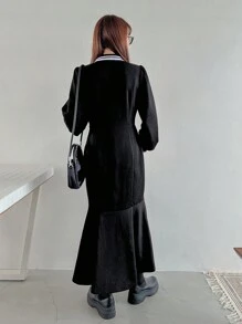 FRIFUL 女士条纹 Polo 领长袖 A 字形休闲针织毛衣连衣裙，适合秋冬季 - 黑色 - 查看 2