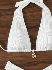 SHEIN Swim Summer Beach Women's Solid Color Halter Neck Bikini Set With Faux Pearl & Shell Pendant Decor, Two Pieces - White - View 5